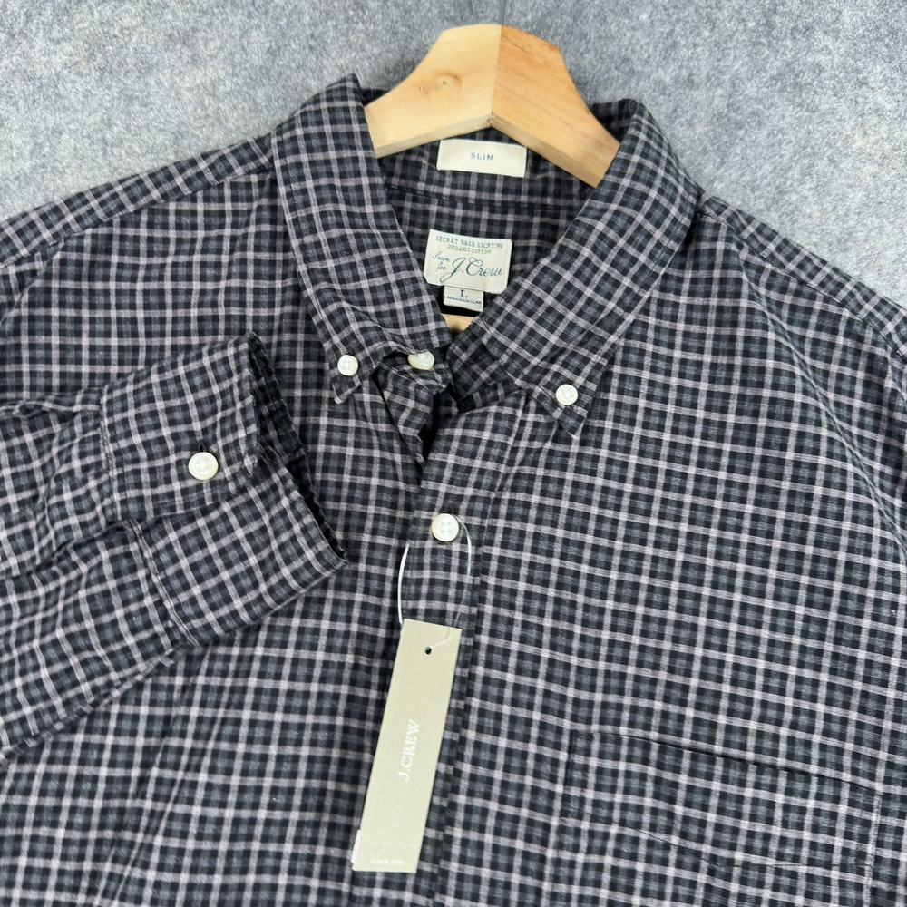 J.Crew Poplin Shirt Mens Large Gray Check Slim Fit Long Sleeve Button Organic